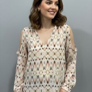 White House Black Market Geometric Blouse in Cream and Brown